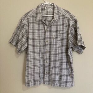 Columbia Button Down Shirt Light Gray plaid short sleeve Men’s Sz L 100% Cotton